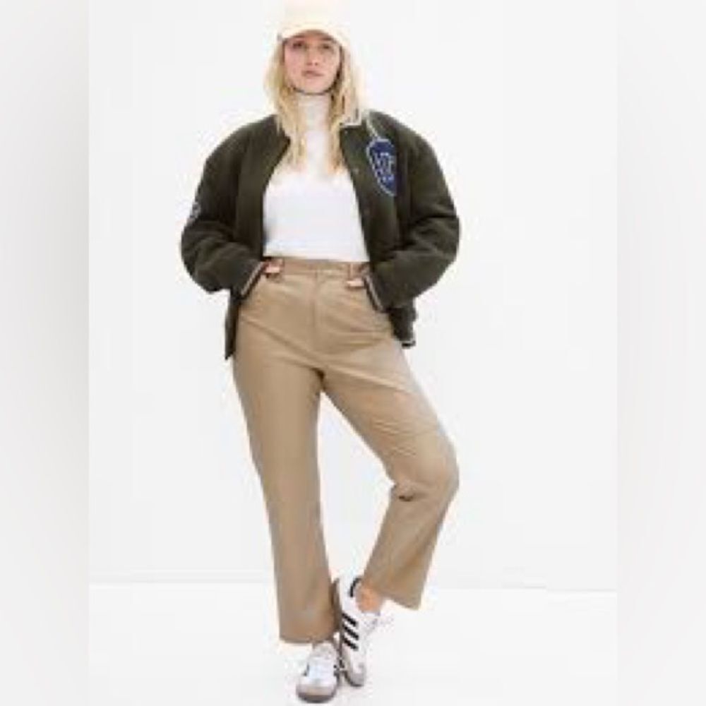 GAP High Rise Vegan Leather Cheeky Straight Pants SIZE 34‎ 18 Cobblestone Beige